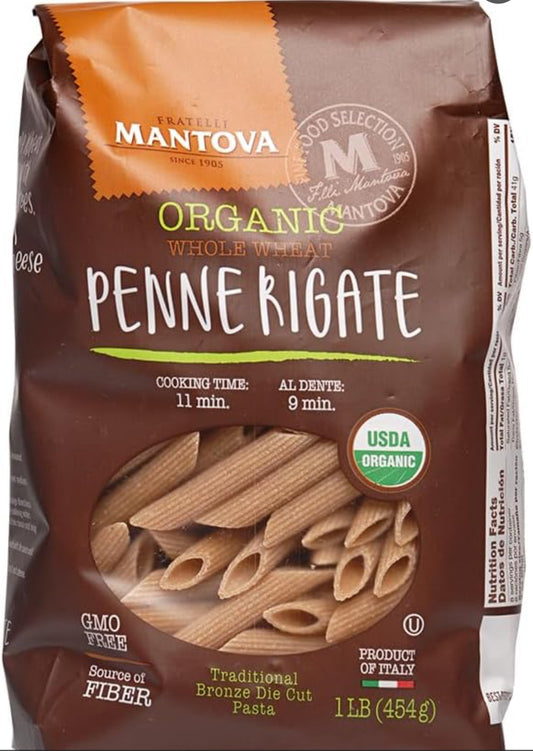 Mantova Italian Organic Penne Rigate Pasta - 100% Durum Semolina Organic Whole Wheat Penne Rigate - Product Of Italy, 1 lb - Pack of 6