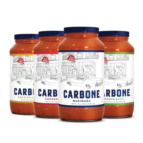 Carbone Pasta Sauce Variety Pack - Gluten Free - Tomato Basil, Marinara, Arrabbiata, Roasted Garlic, Tomato Sauce - Pack of 4