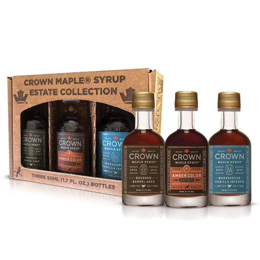 Crown Maple  Artisan Trio Collection in Petite 1.7 oz - Window Box featuring Bourbon Barrel Aged, Madagascar Vanilla Infused, and Cinnamon Infused Organic Maple Syrup