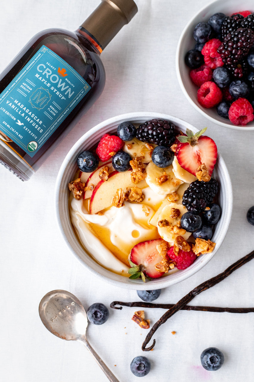 Crown Maple Madagascar Vanilla Infused Organic Maple Syrup, 12.7 Fl Oz, Vanilla Bean - Pancakes, Waffles, Cocktails, Flavor Marinades Pack of 6