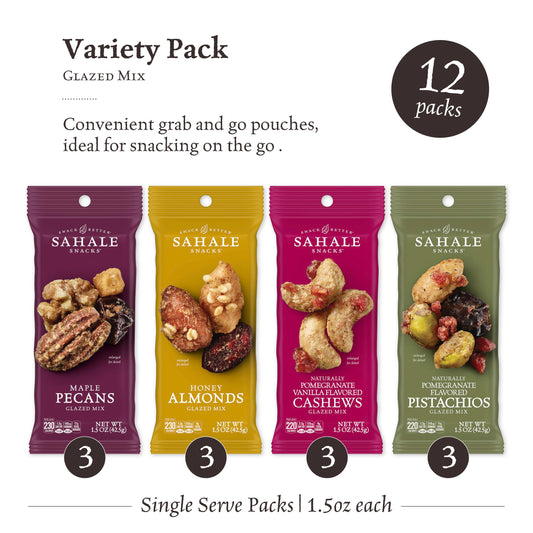 Sahale Snacks Glazed Mix Nut Blend Variety Pack, 1.5 oz - Grab & Go Bags - Four Different Dry-Roasted Deluxe Mixed Nuts Blends Included - Non-GMO Kosher & Certified Gluten Free Snacks - Pack of 12