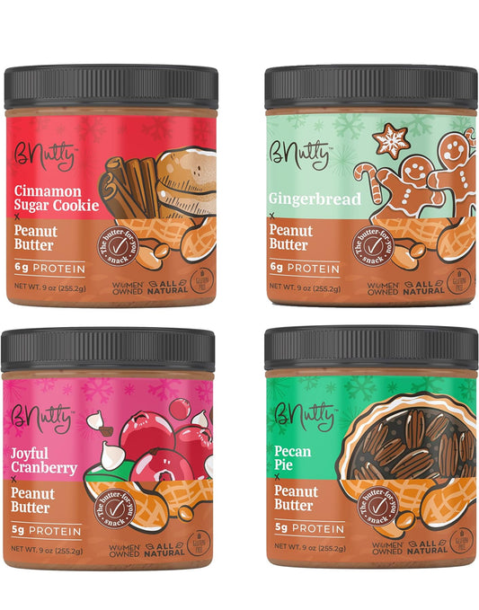 BNutty Gourmet Peanut Butter Holiday Gift 4 Pack - Cinnamon Sugar Cookie, Pecan Pie, Gingerbread, Joyful Cranberry