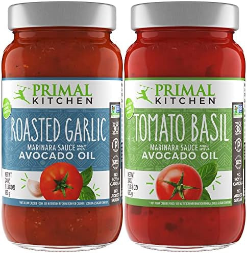 Primal Kitchen Tomato Pasta Sauce, No Added Sugar, Includes 1 Tomato Basil and 1 Roasted Garlic Marinara Sauce - Pack of 2