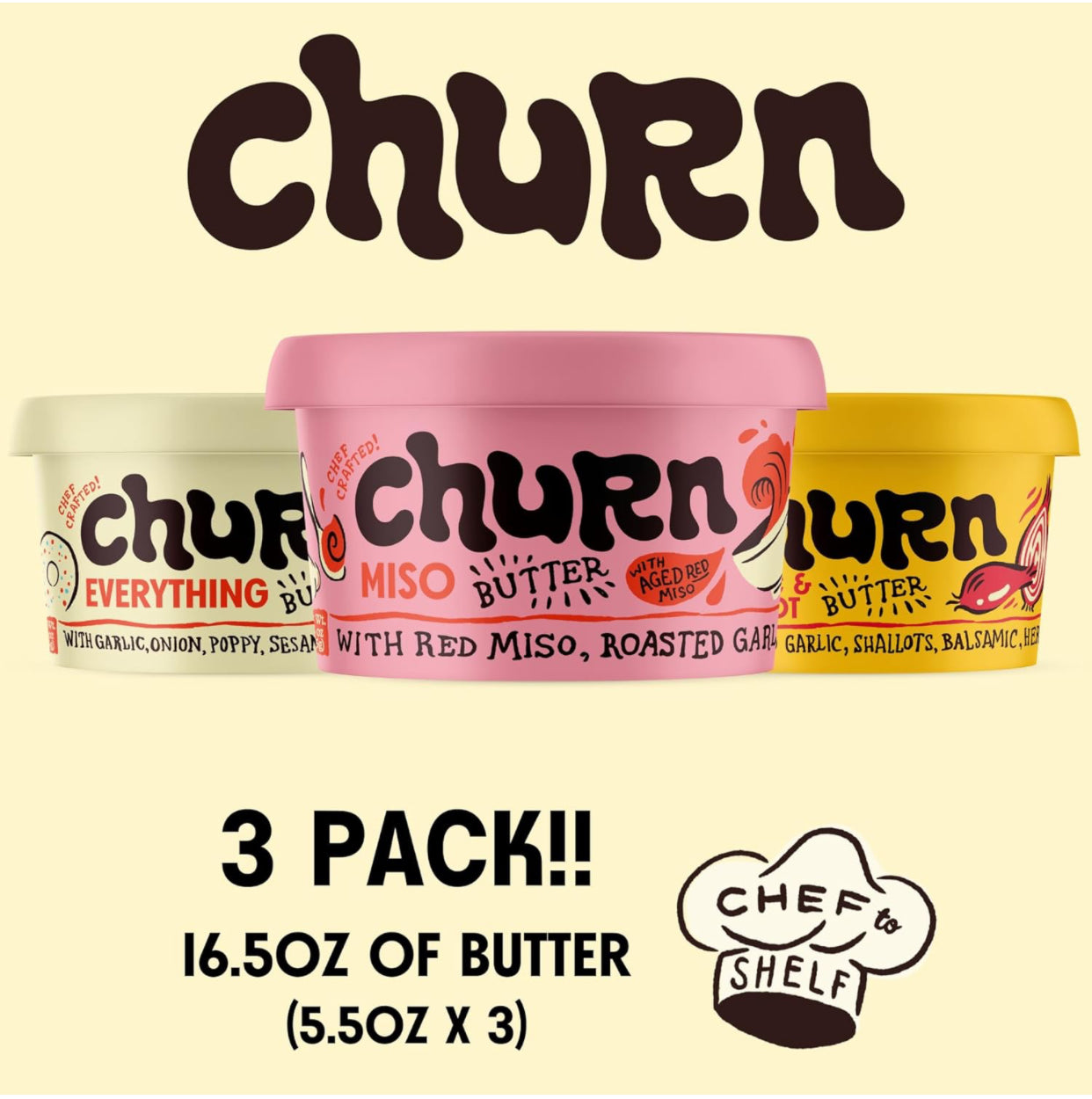 Churn Flavored Butter Chefs Favorite Variety Pack Churned with Organic Grass Fed Butter - Non-GMO- Pack of 3