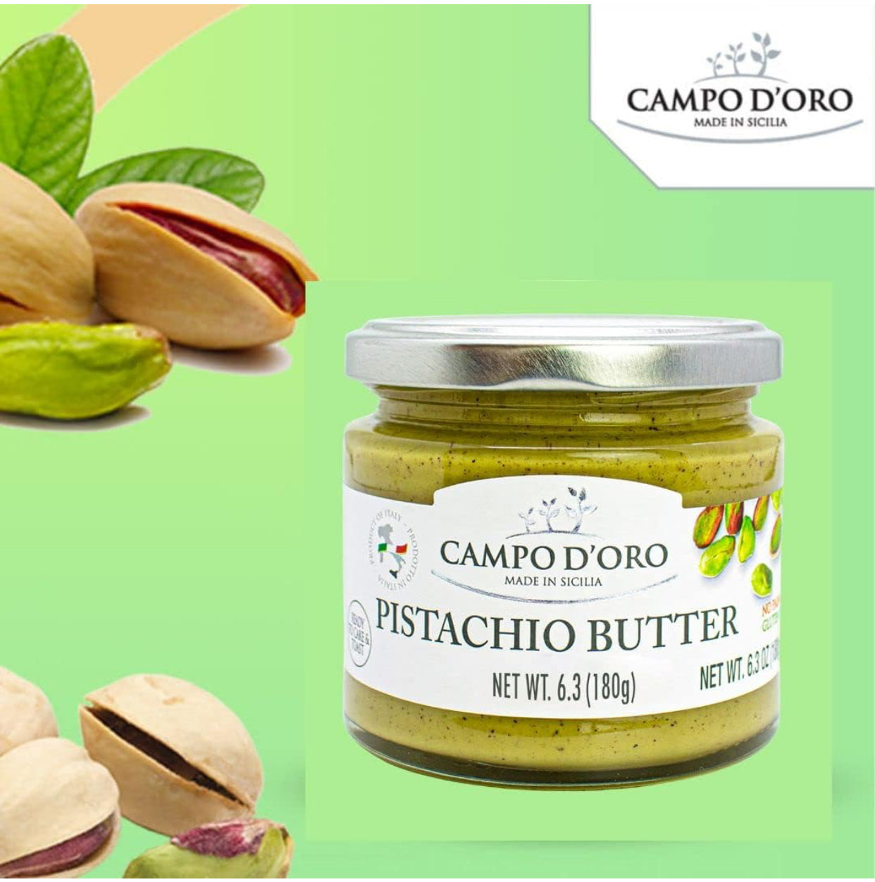 Campo D'Oro Pistachio Nut Butter - Sweet Sicilian Pistachio Cream Spread