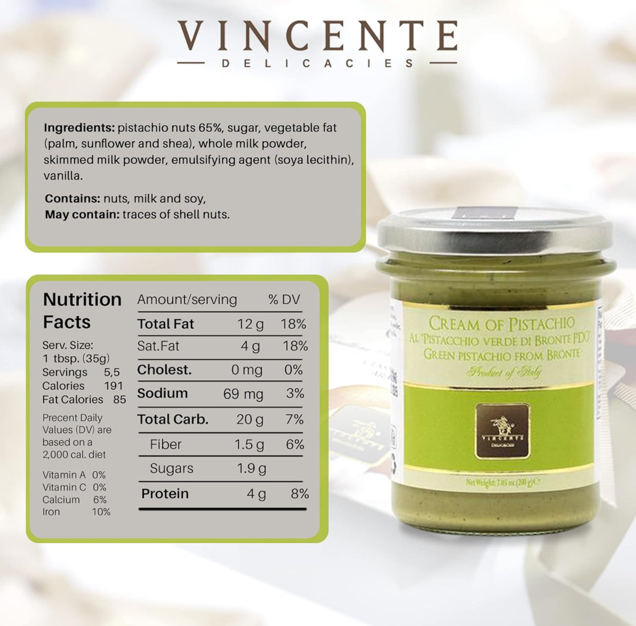 Vincente Delicacies Pistachio Paste for Bread, Pastry, Ice Cream, & Dessert -7.05 oz - 2-Pack