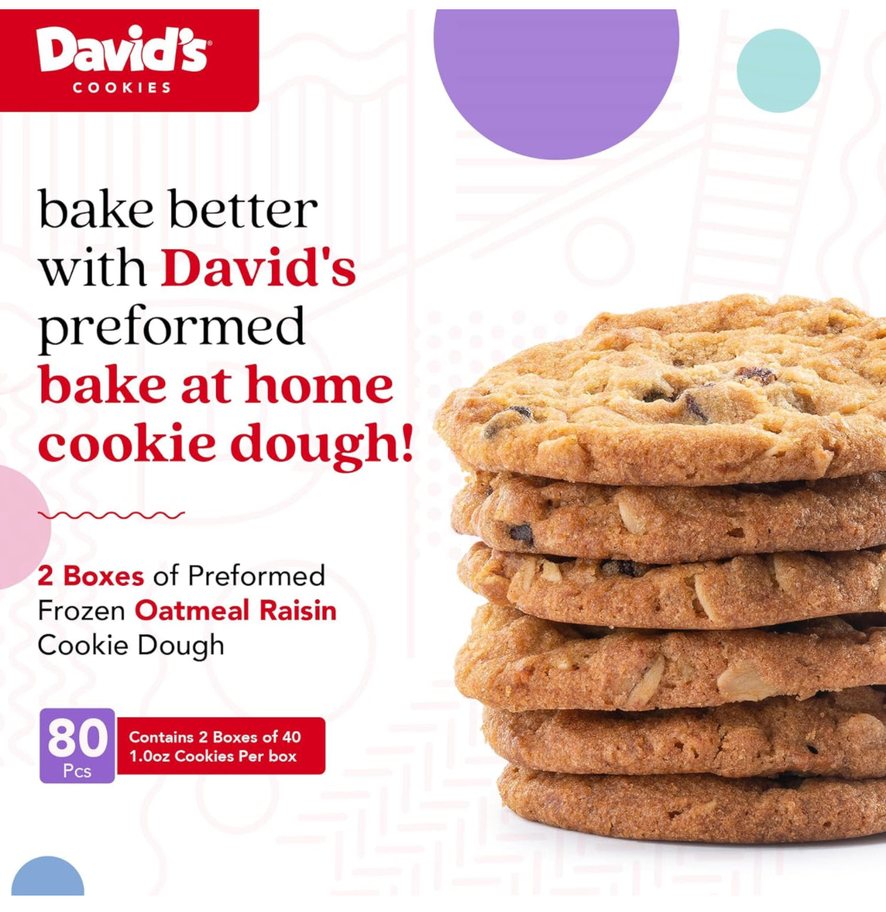 David's Cookies Preformed Frozen Cookie Dough Oatmeal Raisin - includes 80