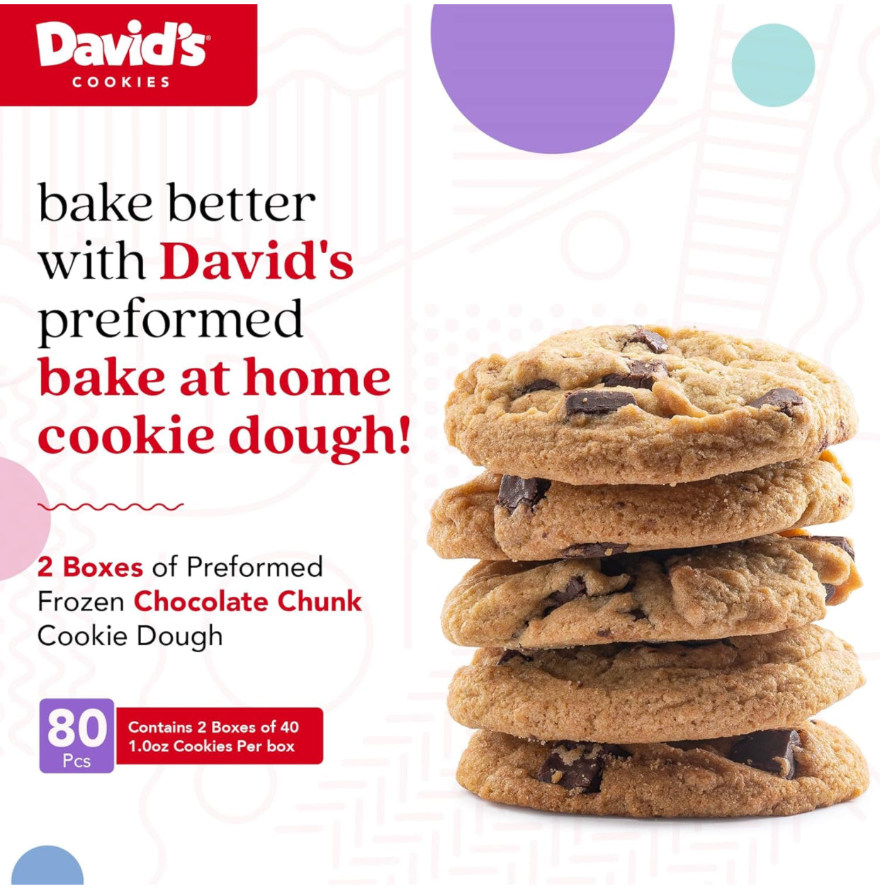 David's Cookies Preformed Frozen Cookie Dough Chocolate Chunk - includes 80