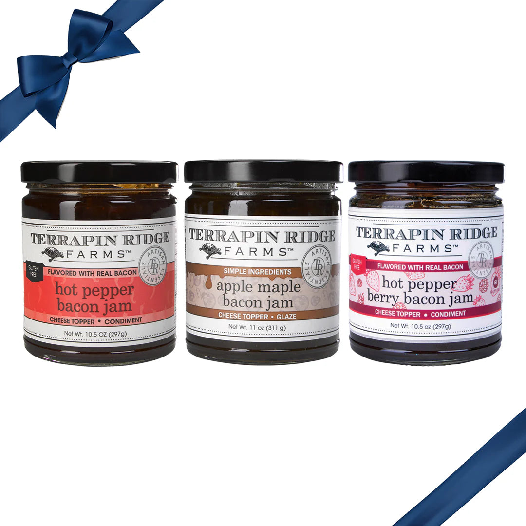 Terrapin Ridge Farms Bacon Me Crazy Sampler Set – One Jar Each of Hot Pepper Bacon Jam, Apple Maple Bacon Jam, and Hot Pepper Berry Bacon Jam
