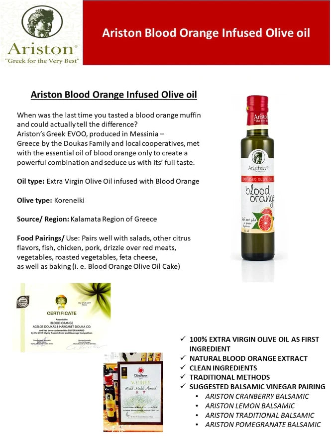 Ariston Gourmet Blood Orange Infused Olive Oil - Great for Dressing Dipping Marinade