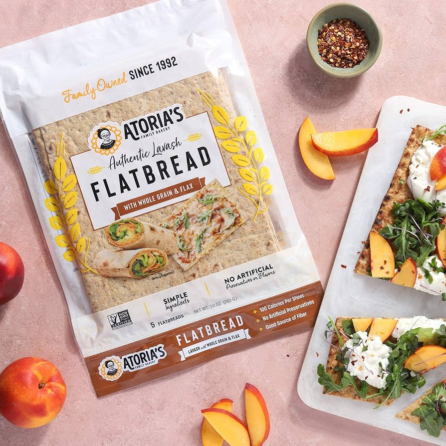 Atoria's Family Bakery Whole Grain & Flax Lavash Flatbread, Lavash Wraps | Fresh Baked, All Natural, GMO Free, and No Artificial Preservatives or Flavors, 5 Sheets - Pack of 10