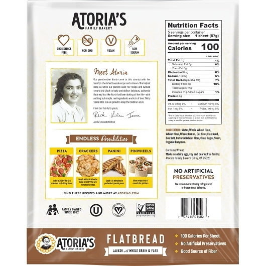 Atoria's Family Bakery Whole Grain & Flax Lavash Flatbread, Lavash Wraps | Fresh Baked, All Natural, GMO Free, and No Artificial Preservatives or Flavors, 5 Sheets - Pack of 10