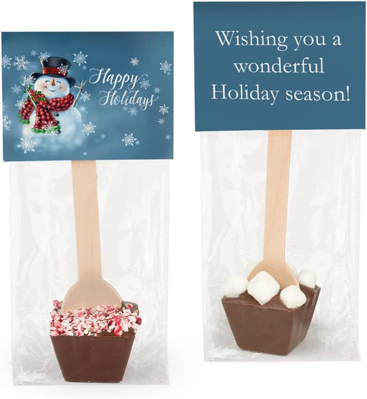 Christmas Hot Chocolate Spoons - Gourmet Dark Chocolate Favors with Crushed Peppermint - Pack of 12
