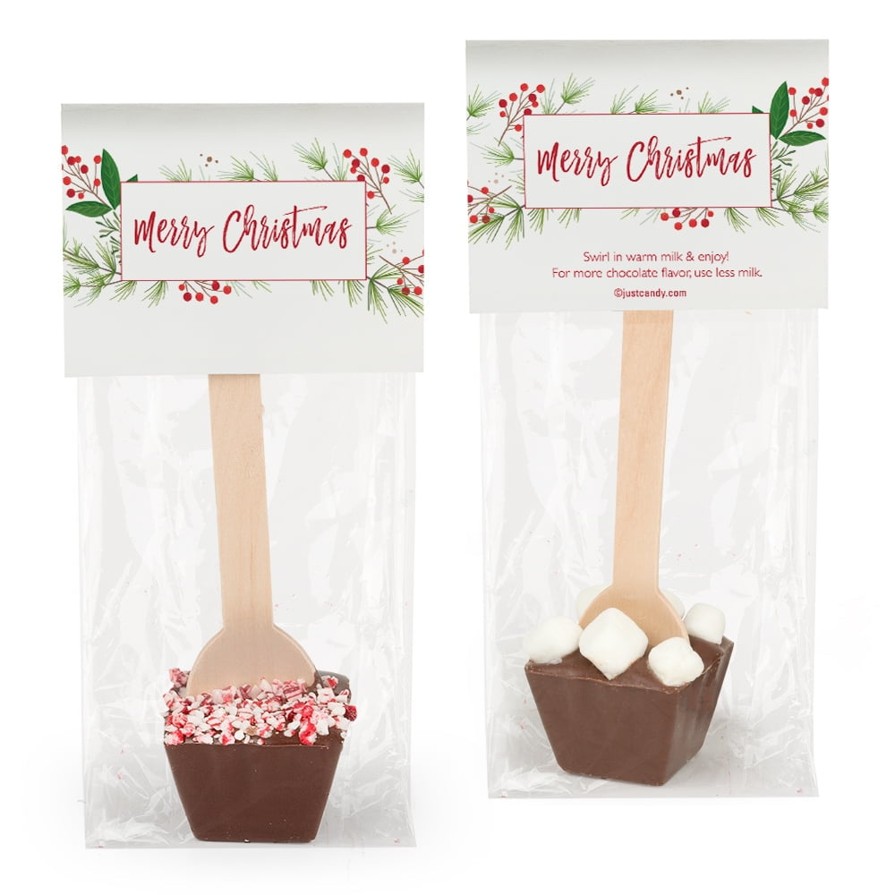 Christmas Hot Chocolate Spoons - Gourmet Dark Chocolate Favors with Crushed Peppermint - Pack of 12