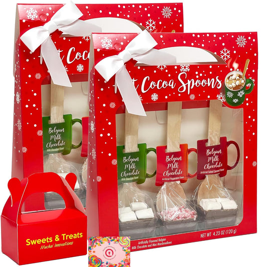 Hot Chocolate Cocoa Stirring Spoon Gift Set - Variety Pack Belgian Milk Chocolate Marshmallow Peppermint Bark Salted Caramel, Holiday Bomb Stocking Stuffer, 2 Gift Pack - 6 Spoon Kit