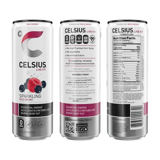 CELSIUS Sparkling Wild Berry, Functional Essential Energy Drink, 12 oz - Pack of 12