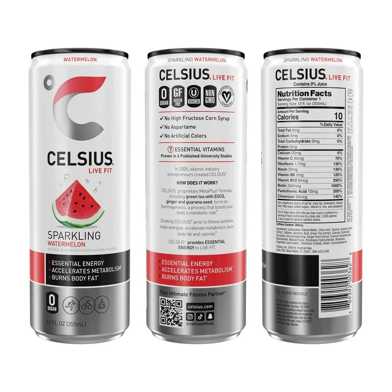 CELSIUS Sparkling Watermelon, Functional Essential Energy Drink, 12 oz - Pack of 12