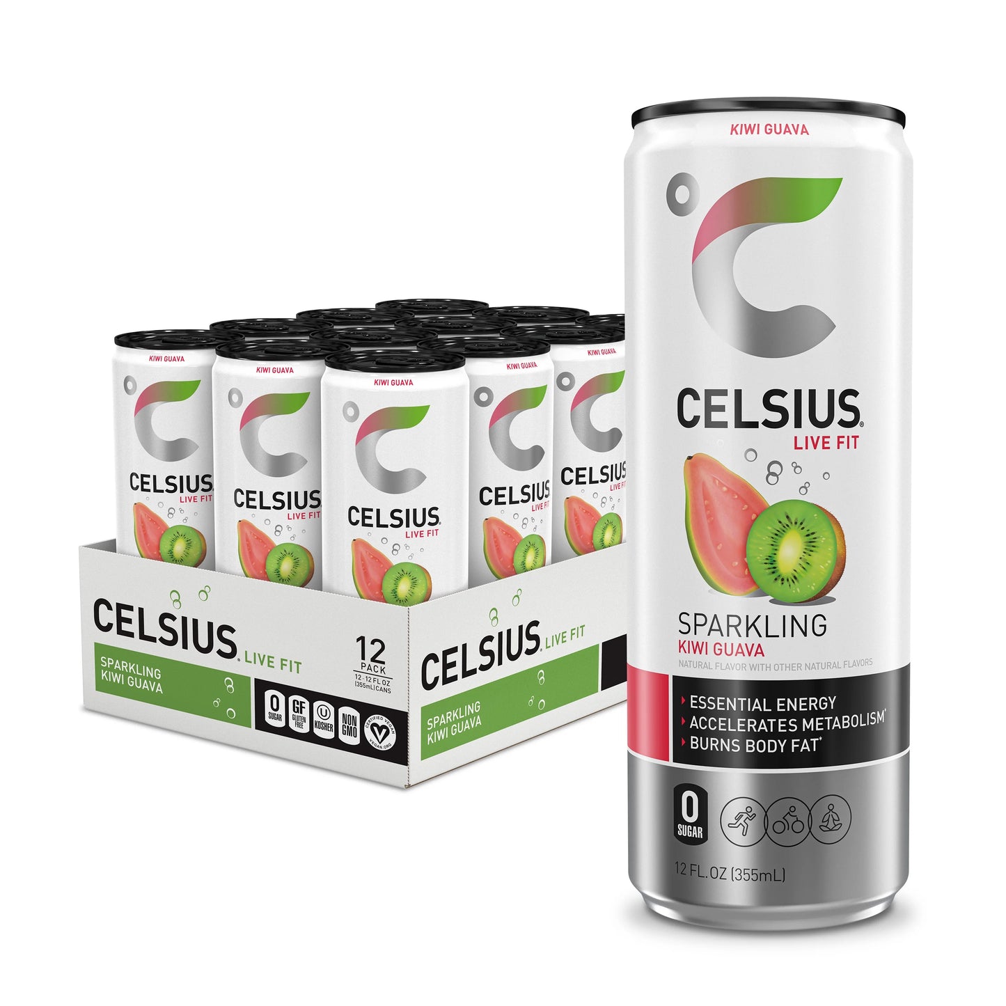 CELSIUS Sparkling Kiwi Guava, Functional Essential Energy Drink, 12 oz - Pack of 12
