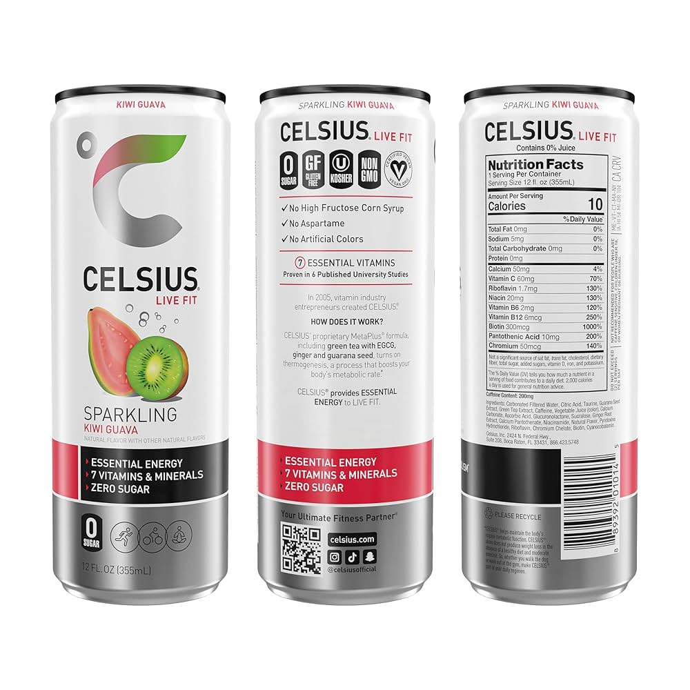 CELSIUS Sparkling Kiwi Guava, Functional Essential Energy Drink, 12 oz - Pack of 12