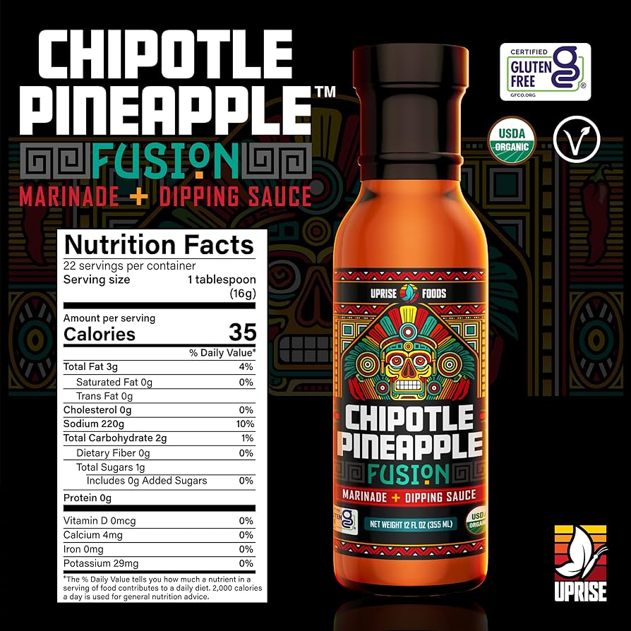 Chipotle Pineapple Fusion | Organic Chipotle Sauce with Sweet Heat | Dairy-Free, Gluten-Free, Plant-Based, Glass Bottle Marinade & Dip | Pineapple Sweetness, Taco Condiment, Spicy Vegan Sauce, 12 oz