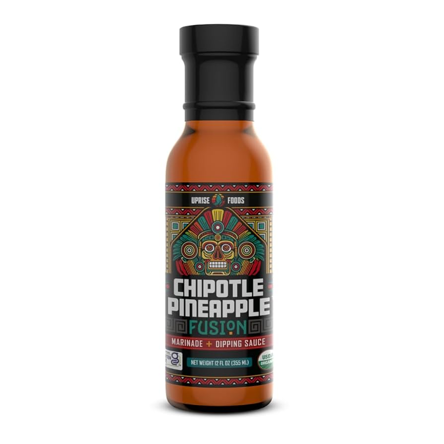 Chipotle Pineapple Fusion | Organic Chipotle Sauce with Sweet Heat | Dairy-Free, Gluten-Free, Plant-Based, Glass Bottle Marinade & Dip | Pineapple Sweetness, Taco Condiment, Spicy Vegan Sauce, 12 oz