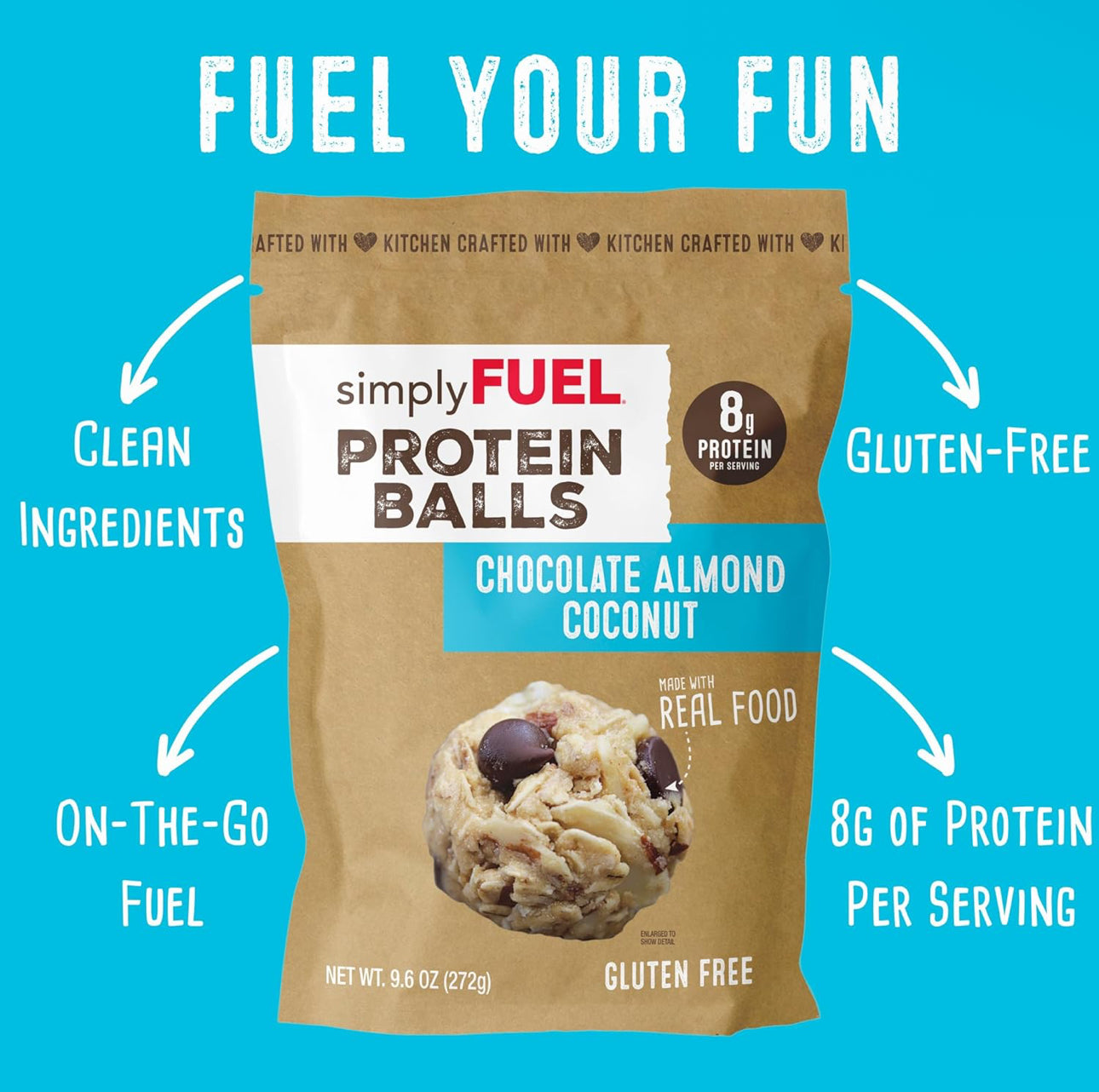 simplyFUEL Chocolate Almond Coconut Protein Ball - Whole Food Balls with Probiotics - 8g Protein Snack - Gluten Free Energy Balls - Pack of 3