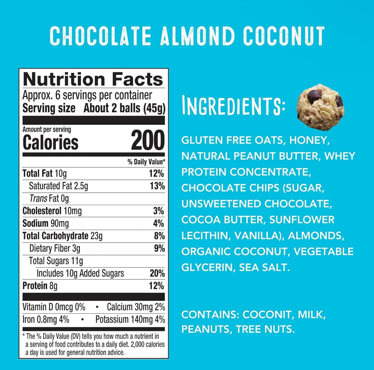 simplyFUEL Chocolate Almond Coconut Protein Ball - Whole Food Balls with Probiotics - 8g Protein Snack - Gluten Free Energy Balls - Pack of 3