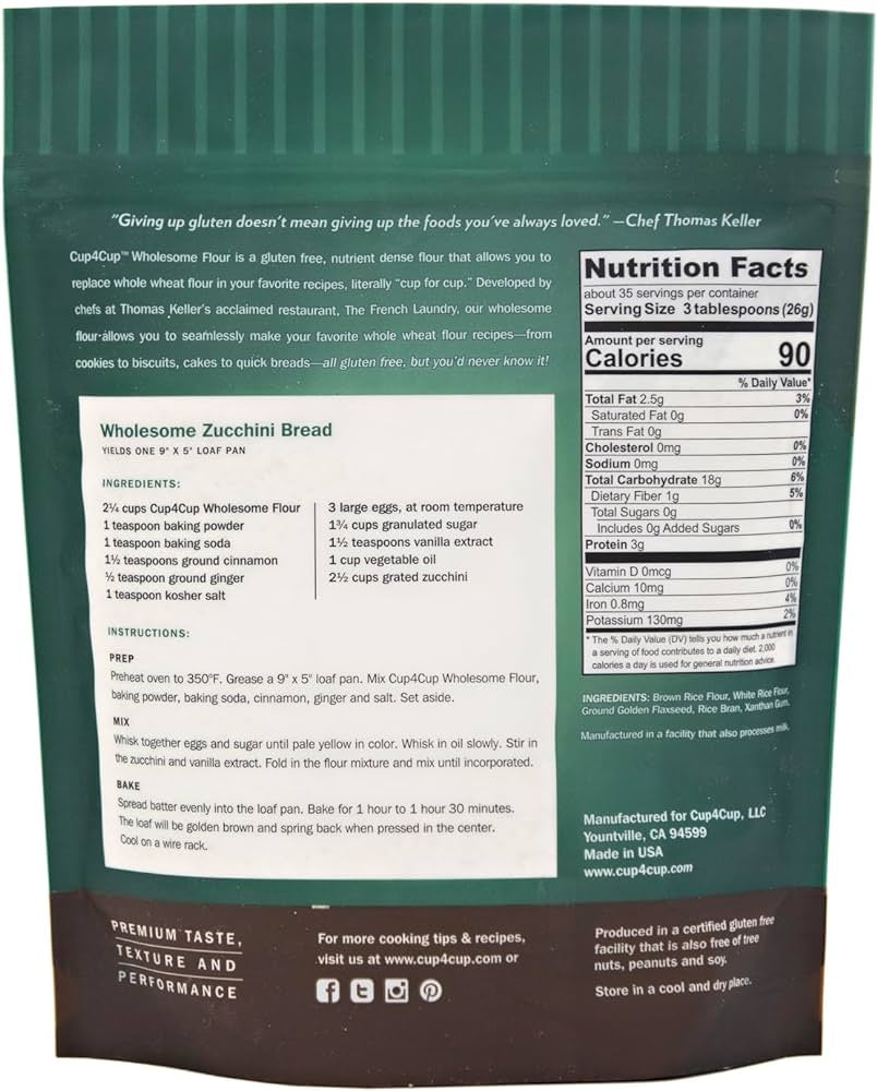 Cup4Cup Wholesome Flour - 2 lb -Certified Gluten Free, 1:1 Whole Wheat Flour Substitution