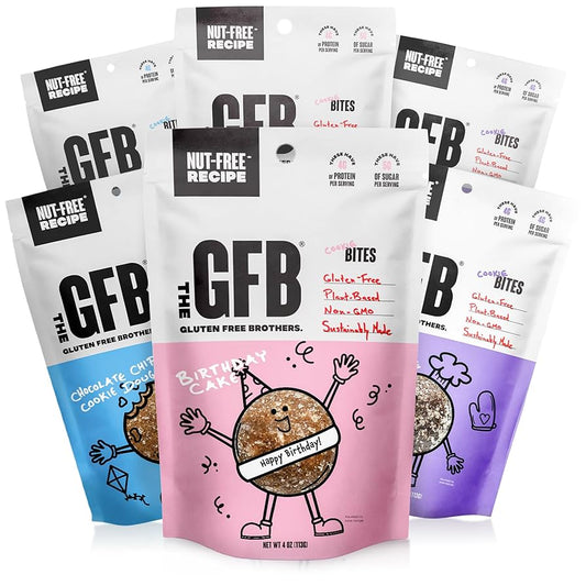The GFB Gluten Free Protein Cookie Bites Nut Free Variety Pack – Super Tasty Allergen Friendly Fudge Brownie, Cookie Dough & Birthday Cake Vegan Protein Bites, 4 oz - Pack of 6