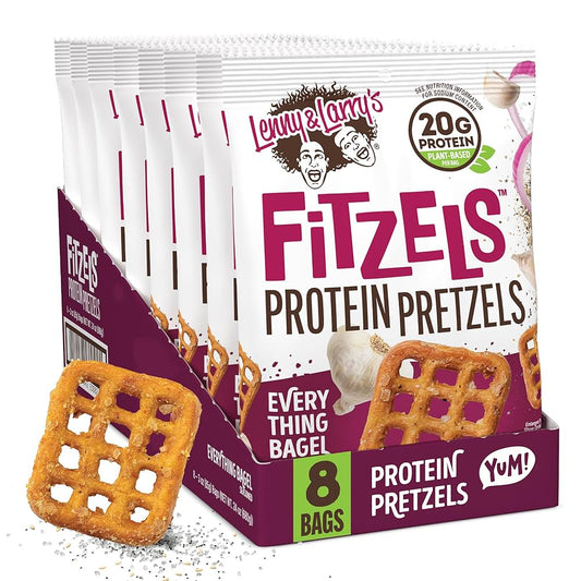 Lenny & Larry's Everything Bagel FITZELS- Savory Pretzel Snacks Incredibly Tasty, High Protein Salty, Vegan, 20 g's of Plant Based Protein, 3 oz - Pack of 8
