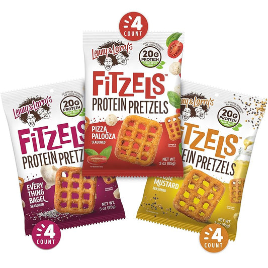 Lenny & Larry's Variety Pack FITZELS- Savory Pretzel Snacks Incredibly Tasty, High Protein Salty, Vegan, 20 g's of Plant Based Protein, 3 oz - Pack of 12