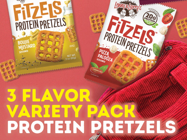 Lenny & Larry's Variety Pack FITZELS- Savory Pretzel Snacks Incredibly Tasty, High Protein Salty, Vegan, 20 g's of Plant Based Protein, 3 oz - Pack of 12
