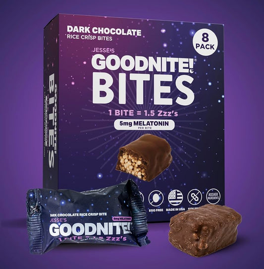 GOODNITE! Sleep Bites – Proprietary Blend with 5mg Melatonin & L-Theanine – Vegan, Gluten-Free, Kosher – Dark Chocolate Protein Snack for Restful Sleep – Pack of 8