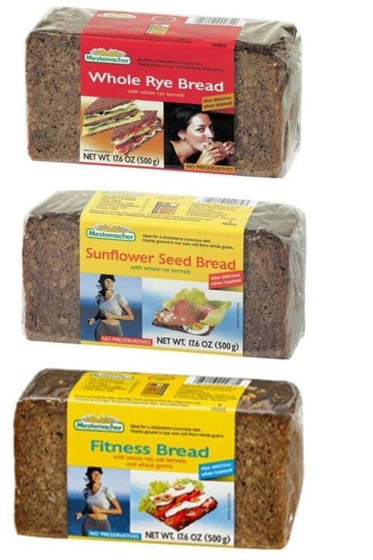 Mestemacher Natural High Fiber Bread 3 Flavor Variety Bundle: (1) Mestemacher Fitness Bread, (1) Mestemacher Rye Bread, and (1) Mestemacher Sunflower Seed Bread, 17.6 Oz. Ea.