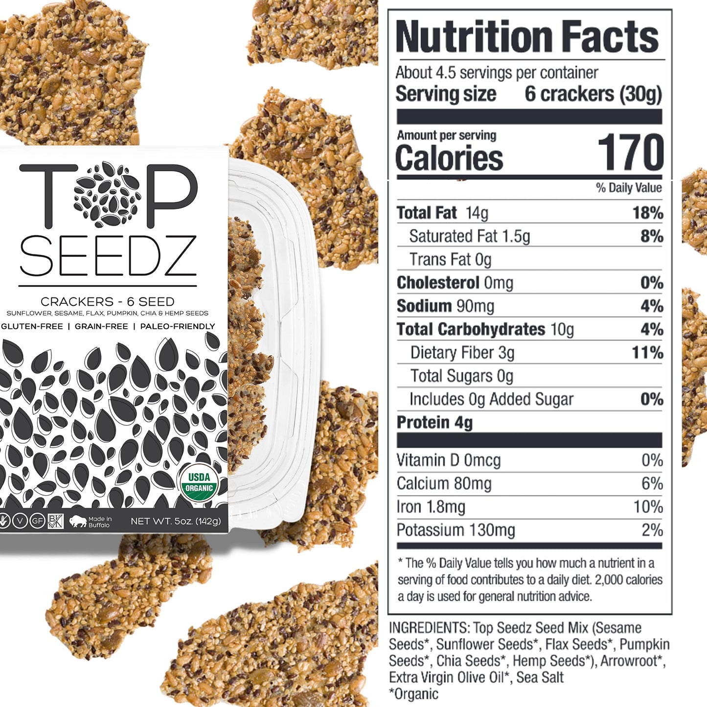 Top Seedz Certified Organic Gluten Free Crackers, Savory Sensation - Pack of 6