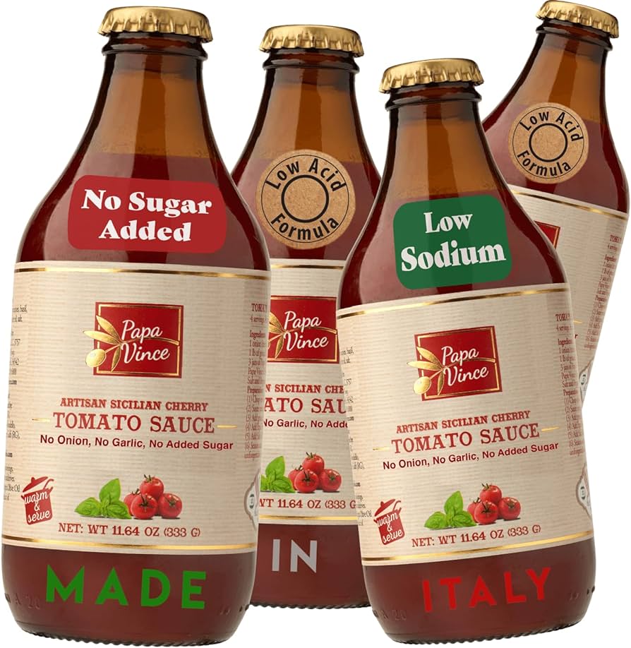 Papa Vince Pasta Tomato Sauce - Pack of 4 - No Onion No Garlic Low Acid Formula. Small Batch. Gluten-Free Non GMO Cherry Tomatoes grown locally in Sicily, Italy