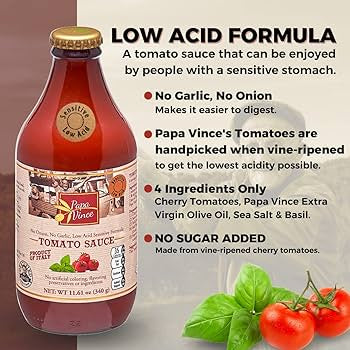 Papa Vince Pasta Tomato Sauce - Pack of 4 - No Onion No Garlic Low Acid Formula. Small Batch. Gluten-Free Non GMO Cherry Tomatoes grown locally in Sicily, Italy