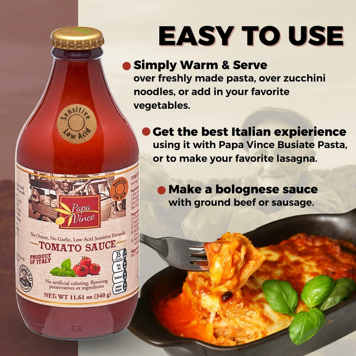 Papa Vince Pasta Tomato Sauce - Pack of 4 - No Onion No Garlic Low Acid Formula. Small Batch. Gluten-Free Non GMO Cherry Tomatoes grown locally in Sicily, Italy