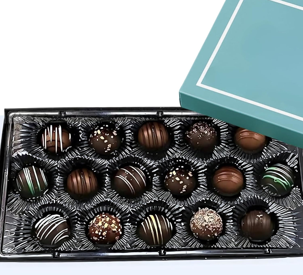 Andy Anand Chocolatier Gluten Free Belgian Dark Chocolate Truffles Gift Box - All-Natural Champagne, Rum, Amaretto, & Black Forest Flavors, Dark Chocolate Liqueur Center Filled Truffles, 8 oz - includes 16