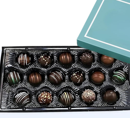 Andy Anand Chocolatier Gluten Free Belgian Dark Chocolate Truffles Gift Box - All-Natural Champagne, Rum, Amaretto, & Black Forest Flavors, Dark Chocolate Liqueur Center Filled Truffles, 8 oz - includes 16