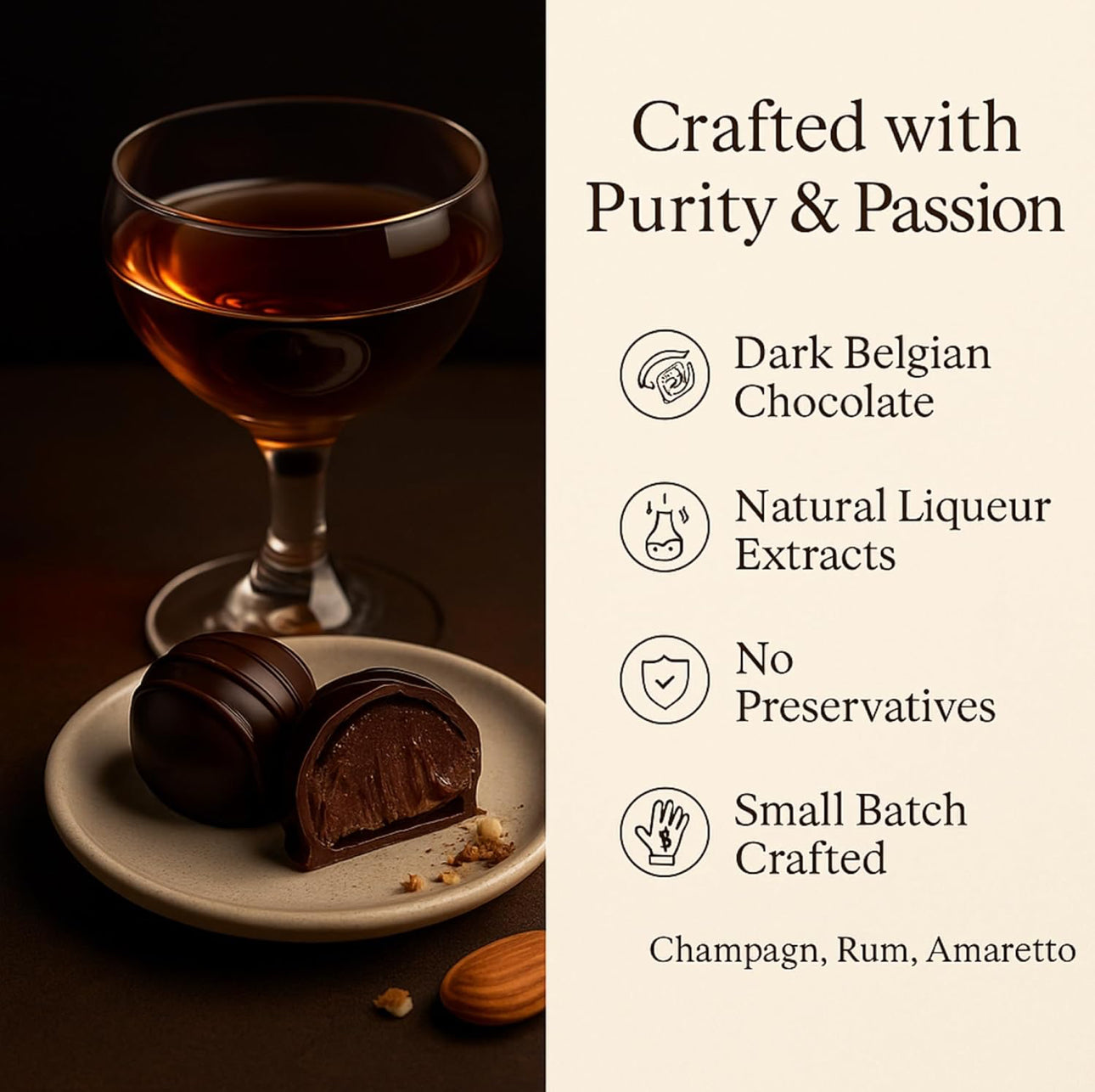 Andy Anand Chocolatier Gluten Free Belgian Dark Chocolate Truffles Gift Box - All-Natural Champagne, Rum, Amaretto, & Black Forest Flavors, Dark Chocolate Liqueur Center Filled Truffles, 8 oz - includes 16