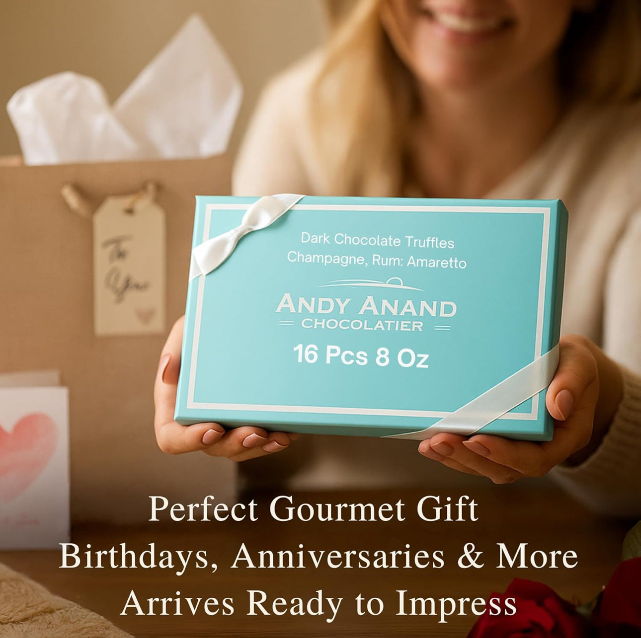 Andy Anand Chocolatier Gluten Free Belgian Dark Chocolate Truffles Gift Box - All-Natural Champagne, Rum, Amaretto, & Black Forest Flavors, Dark Chocolate Liqueur Center Filled Truffles, 8 oz - includes 16