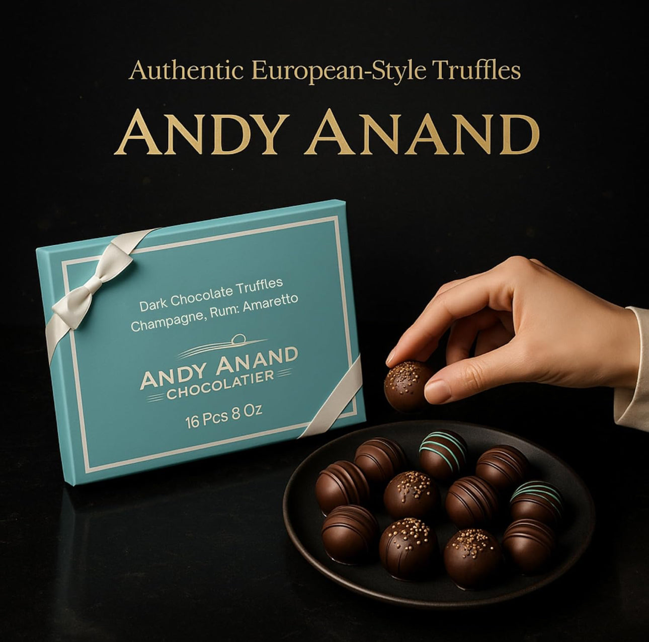 Andy Anand Chocolatier Gluten Free Belgian Dark Chocolate Truffles Gift Box - All-Natural Champagne, Rum, Amaretto, & Black Forest Flavors, Dark Chocolate Liqueur Center Filled Truffles, 8 oz - includes 16