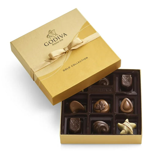 Godiva Chocolatier Gold Ribbon 9-Piece Assorted Chocolate Gift Box – Gourmet Chocolate Candy Variety Pack – Dark Caramel, Milk Chocolate, Nuts