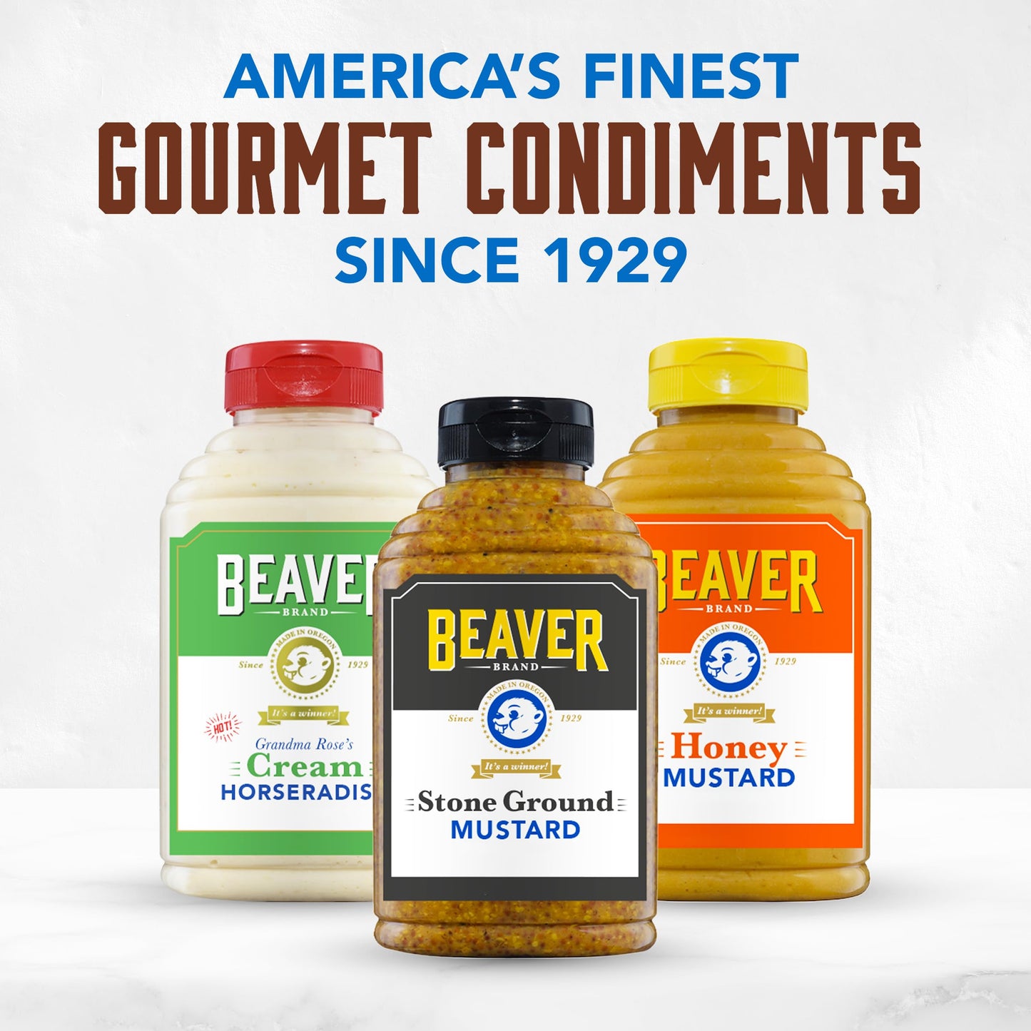 Beaver Condiments Variety Pack, Hot Cream Horseradish, Stone Ground Mustard and Honey Mustard - Pack of 3