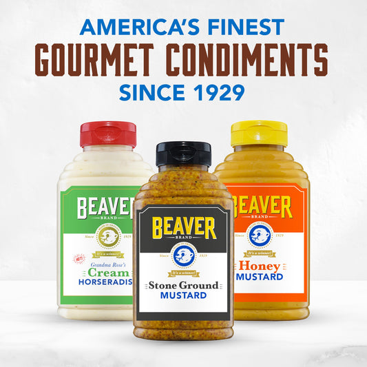 Beaver Condiments Variety Pack, Hot Cream Horseradish, Stone Ground Mustard and Honey Mustard - Pack of 3