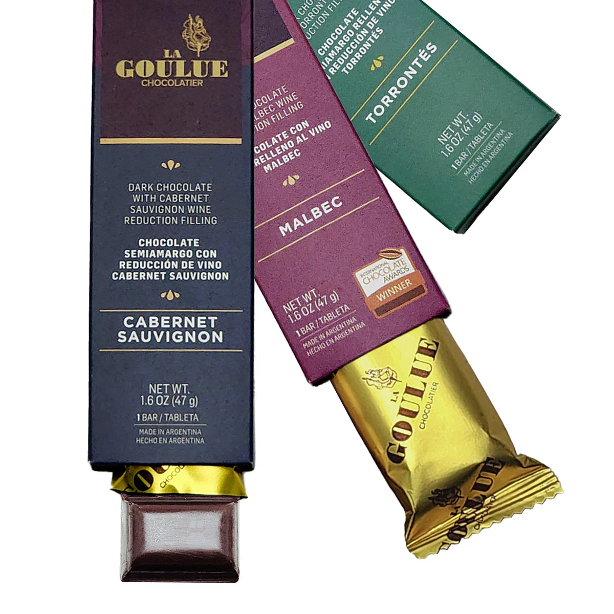 LA GOULUE CHOCOLATIER - Gourmet Dark Chocolate Filled with Wine Varietals – Cabernet Sauvignon, Malbec, Torrontes White Malbec Rose Wine Infused Artisan Chocolates Beer and Orange - Perfect for Gifting and Wine Lover, 6 Bars