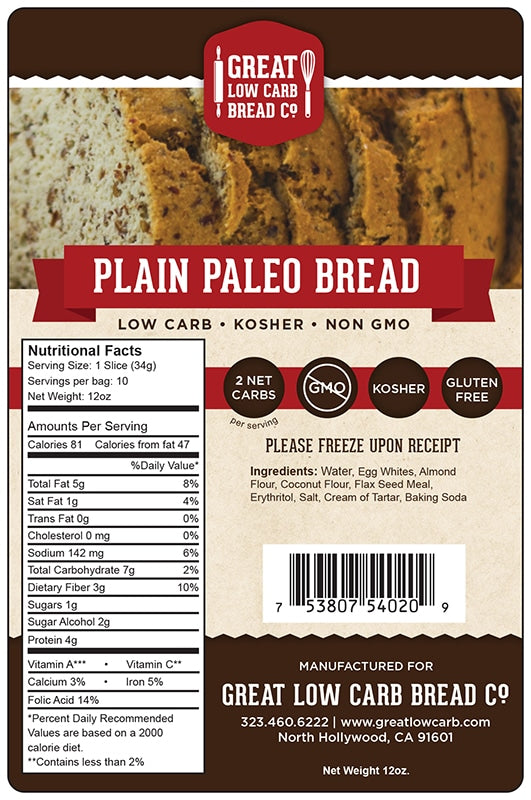 Great Low Carb Paleo Plain Bread 16oz Loaf - Gluten Free