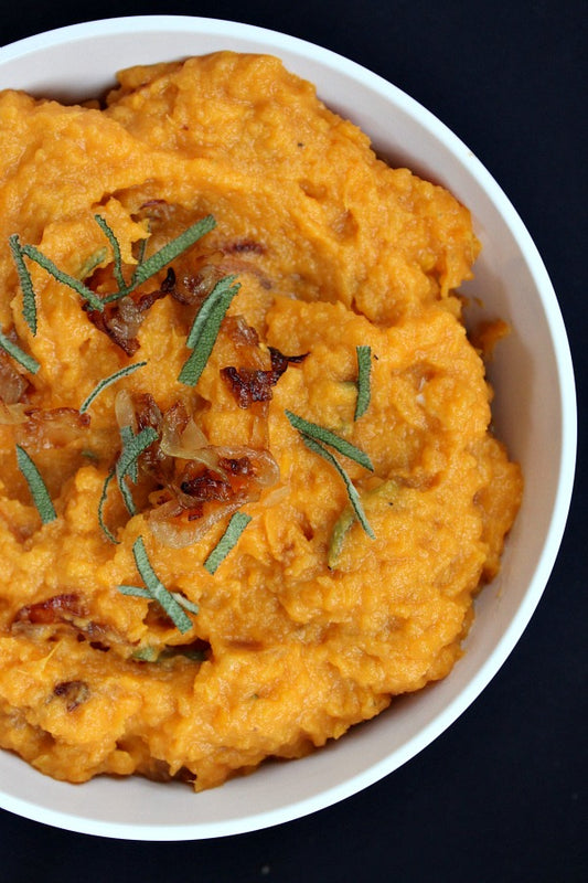 Mashed Sweet Potatoes with Caramelized Onions, Brie and Sage