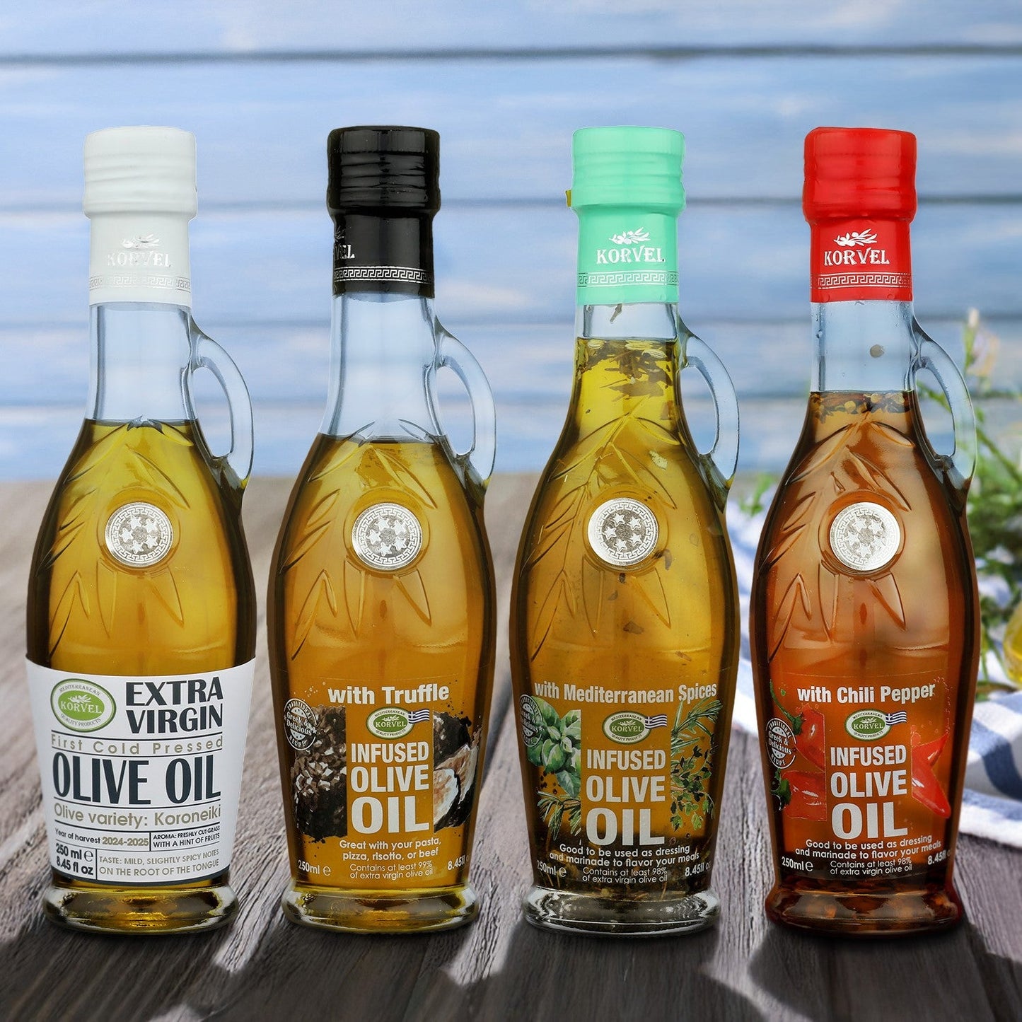 KORVEL Greek Olive Oil Set, 4 x 8.45 fl oz – Herbs, Chili, Truffle, Classic EVOO
